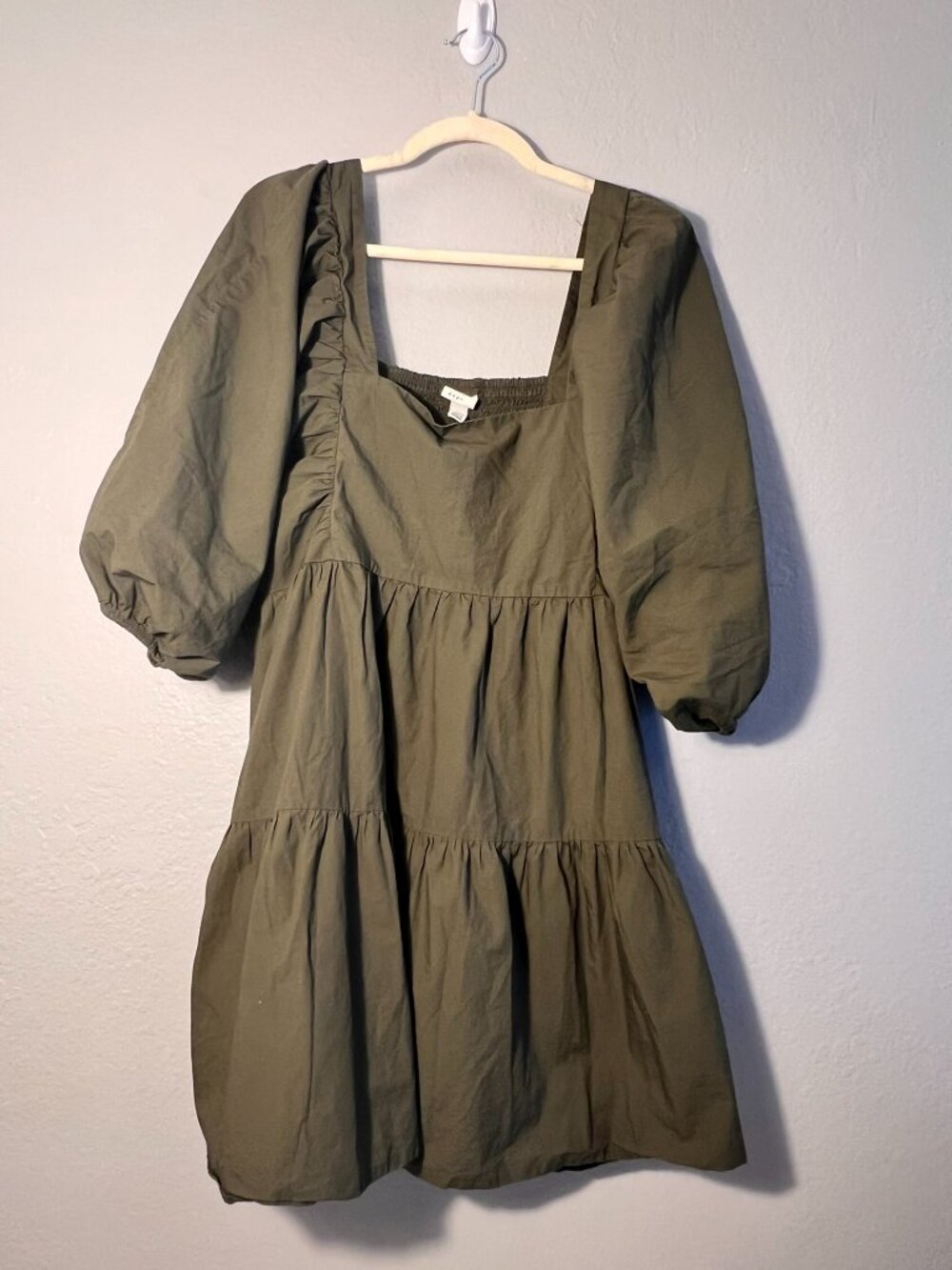 Like New - Size XXL - A New Day Olive Green Puff-Sleeve Tiered Mini Dress